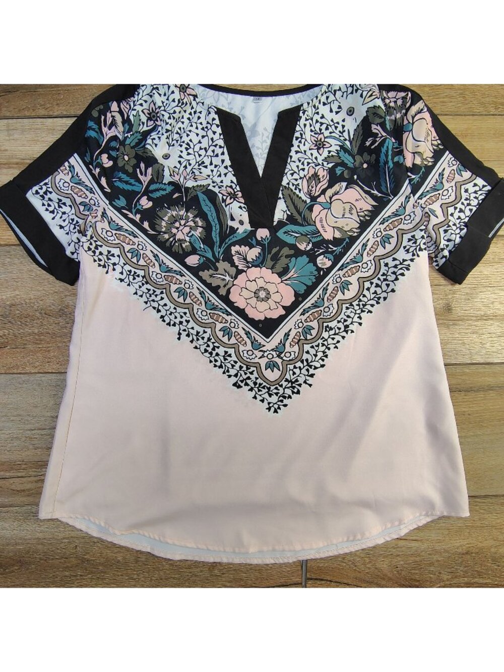 Modlily Pink Floral Scarf Print Split V-Neck Short Sleeve Blouse Tunic Top Mediu